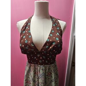 Denny Rose Polka Dot Aztec Maxi Halter Dress Push Up Bra Italian 40 Small‎ 4